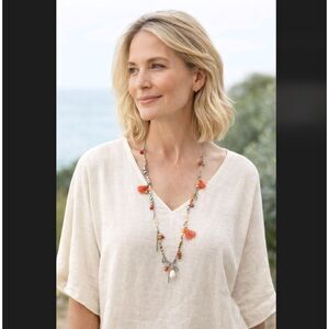 J Jill Tassel Charm Necklace Boho Beaded Howlite Jade Silver Tone 32" Artisan